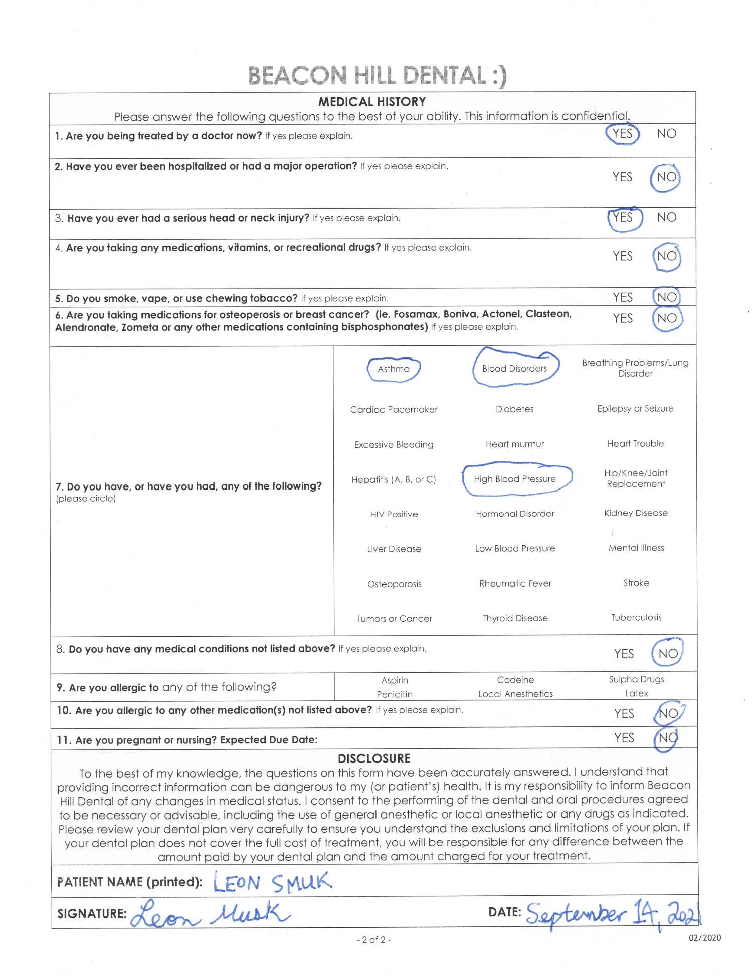 Traditional intake form page 2