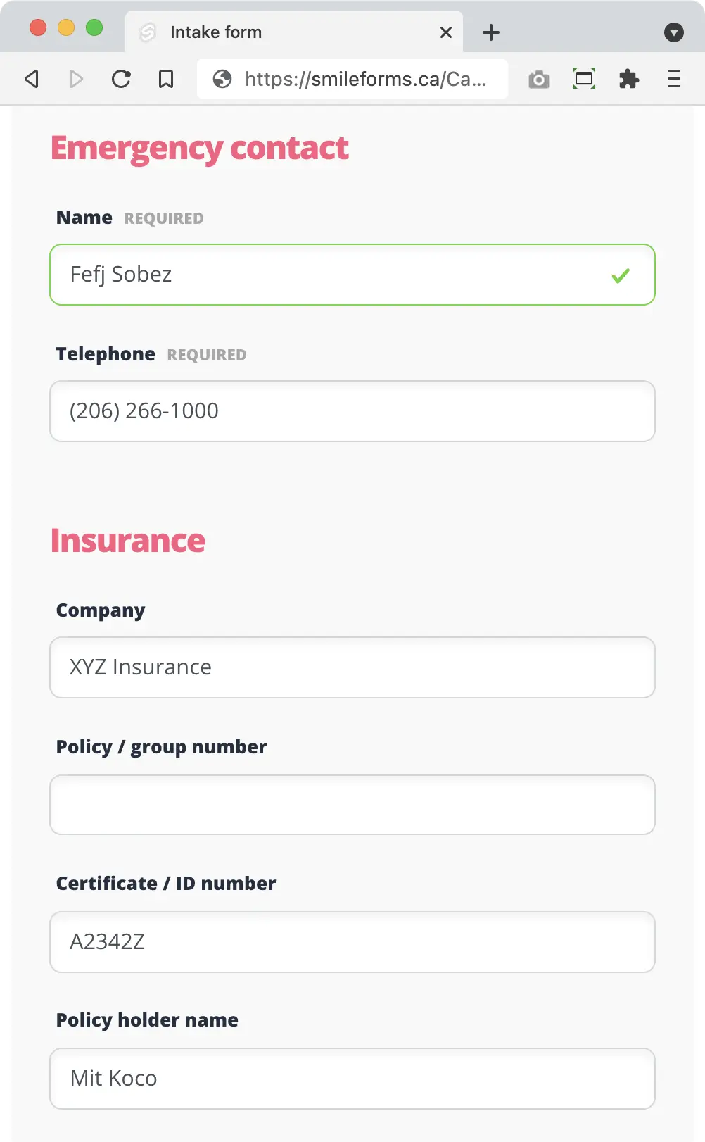 Smile Forms Screenshot: Smile Forms include all the questions to make patient visits safe for patients and efficient for staff.