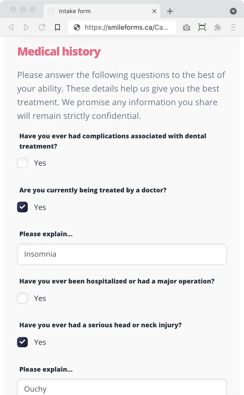 Smile Forms Screenshot: HIPPA compliant: Smile Forms are the most secure and confidential solution. Patient details are sent directly to your office—without ever passing through third-party servers.